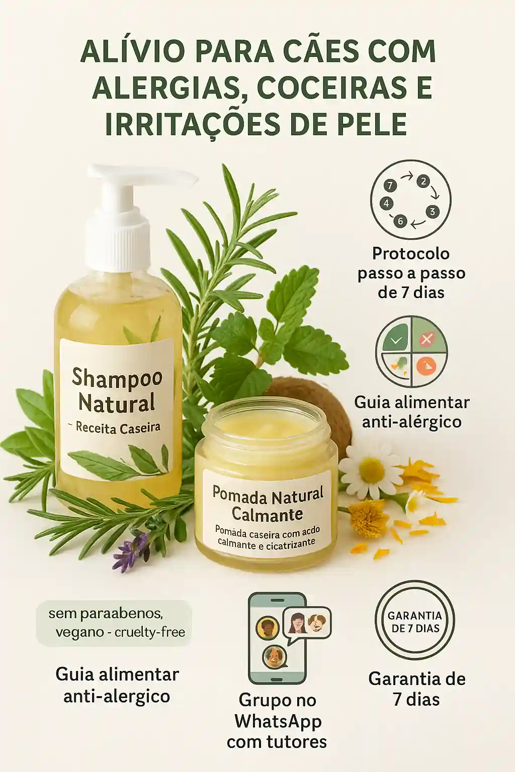 Protocolo Atópico - Alívio para cães com alergias, coceiras e irritações de pele - Shampoo natural, pomada calmante, protocolo de 7 dias, guia alimentar, grupo WhatsApp e garantia