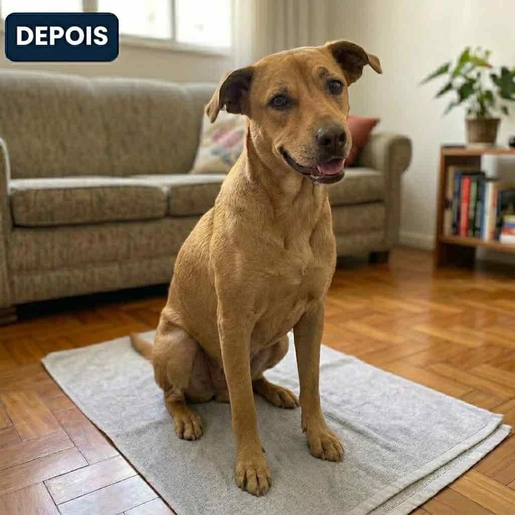 Cão após tratamento - pele saudável e feliz